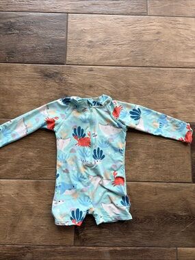 Long Sleeve Kids One-Piece Swimsuit in Aqua Sea Life Print